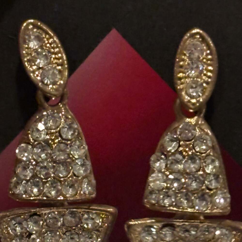 Gold-Tone Geometric Double Triangle Drop Earrings with Pavé Crystals - Picture 4 of 12